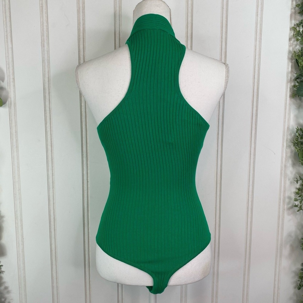 Green Bodysuit SMALL Sleeveless Halter Cutout Ribbed Summer Festival Rave Party - Picture 3 of 8
